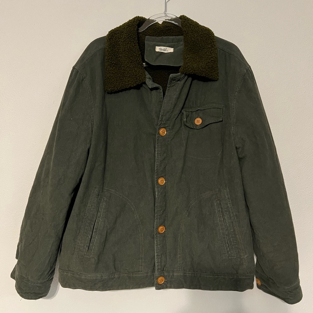 Reverb Mens Button‎ Down Sherpa Lined Corduroy Jacket Green Brown Size XL